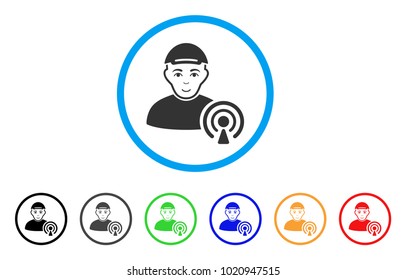 Podcast Creator rounded icon. Style is a flat podcast creator grey symbol inside light blue circle with black, gray, green, blue, red, orange versions. Happiness podcast creator vector pictograph.