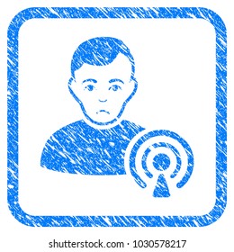 Podcast Creator rubber seal stamp watermark. Icon vector symbol with grunge design and corrosion texture inside rounded squared frame. Scratched blue sticker on a white background.