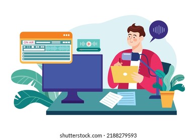 Podcast creator working on editing Illustration concept. Flat illustration isolated on white background