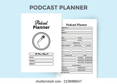 Podcast daily info checker interior notebook. Podcast channel information tracker and scheduling logbook template. Interior of a journal. Radio station regular activity tracker notepad interior.