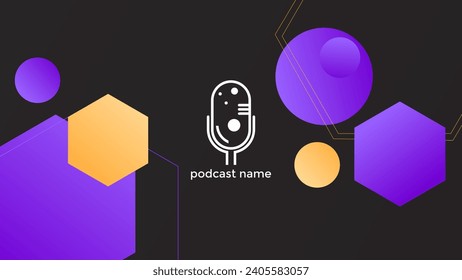 PODCAST DARK BACKGROUND COLORFUL WITH HEXAGON CIRCLE GEOMETRIC SHAPES GRADIENT PURPLE ORANGE COLOR SIMPLE TEMPLATE DESIGN VECTOR. GOOD FOR COVER DESIGN, BANNER, WEB,SOCIAL MEDIA
