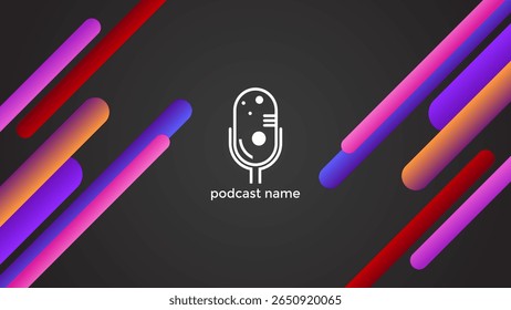 PODCAST DARK BACKGROUND WITH DIAGONAL GEOMETRIC SHAPES BLUE PINK ORANGE PURPLE GRADIENT COLOR SIMPLE TEMPLATE DESIGN VECTOR. GOOD FOR COVER DESIGN, BANNER, WEB,SOCIAL MEDIA