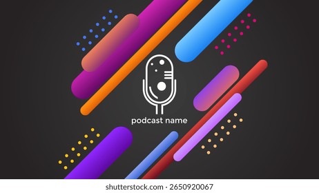 PODCAST DARK BACKGROUND WITH DIAGONAL GEOMETRIC SHAPES BLUE PINK ORANGE PURPLE GRADIENT COLOR SIMPLE TEMPLATE DESIGN VECTOR. GOOD FOR COVER DESIGN, BANNER, WEB,SOCIAL MEDIA