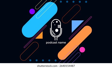 PODCAST DARK BACKGROUND WITH GEOMETRIC LINE AND DIAGONAL SHAPES BLUE ORANGE PURPLE PINK FLAT COLOR SIMPLE TEMPLATE DESIGN VECTOR. GOOD FOR COVER DESIGN, BANNER, WEB,SOCIAL MEDIA