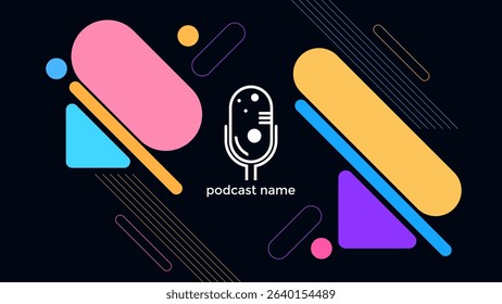 PODCAST DARK BACKGROUND WITH GEOMETRIC LINE AND DIAGONAL SHAPES BLUE ORANGE PURPLE PINK FLAT COLOR SIMPLE TEMPLATE DESIGN VECTOR. GOOD FOR COVER DESIGN, BANNER, WEB,SOCIAL MEDIA