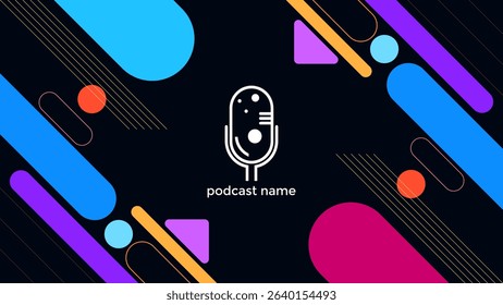PODCAST DARK BACKGROUND WITH GEOMETRIC LINE AND DIAGONAL SHAPES BLUE ORANGE PURPLE PINK FLAT COLOR SIMPLE TEMPLATE DESIGN VECTOR. GOOD FOR COVER DESIGN, BANNER, WEB,SOCIAL MEDIA