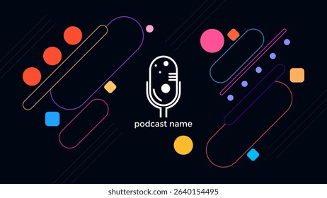 PODCAST DARK BACKGROUND WITH GEOMETRIC LINE AND DIAGONAL SHAPES BLUE ORANGE PURPLE PINK FLAT COLOR SIMPLE TEMPLATE DESIGN VECTOR. GOOD FOR COVER DESIGN, BANNER, WEB,SOCIAL MEDIA