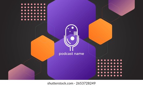 PODCAST DARK BACKGROUND WITH HEXAGON GEOMETRIC SHAPES PURPLE ORANGE GRADIENT COLOR SIMPLE TEMPLATE DESIGN VECTOR. GOOD FOR COVER DESIGN, BANNER, WEB,SOCIAL MEDIA