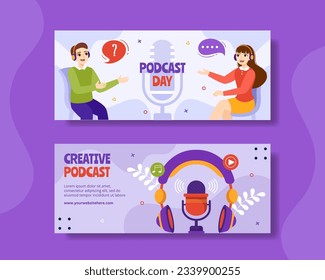 Podcast Day Horizontal Banner Flat Cartoon Hand Drawn Templates Background Illustration