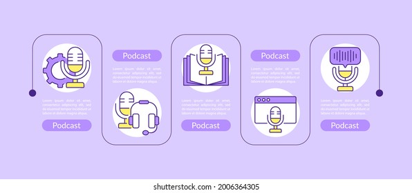 Podcast design elements. Vector infographic template with icons. Data visualization with five steps. Process timeline chart.