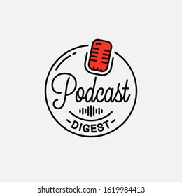 Podcast digest logo. Round linear logo of online podcast on white background 
