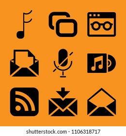 podcast, disc, abstract, note, bright and scanning icon vector set. Flat vector design with filled icons. Designed for web and software interfaces