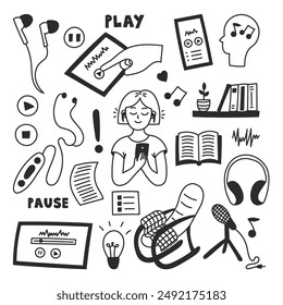 Podcast Doodle Elements Set. Hand drawn outline icons. Audiobook sound audio symbols and sketches. Vector illustration in cartoon line style.