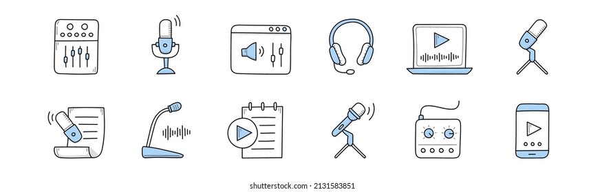 Podcast doodle icons with microphone, audio record, headphones and sound studio tools. Vector hand drawn signs of online broadcast, radio talk show isolated on white background