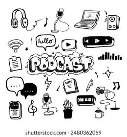 Podcast doodle icons vector set. Hand drawn style illustration