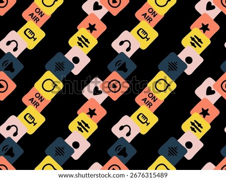 Podcast doodle pattern with music and audio icons. Seamless hand drawn background including microphone, headphones, play, ON AIR and fun sketch elements for radio, playlist and multimedia projects.