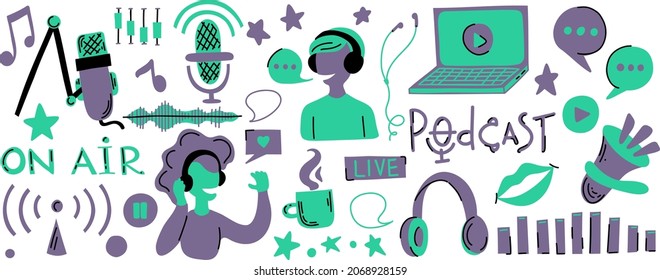 Podcast doodle set. Vector illustrations with recording and listening signs, broadcasting and online radio, audio streaming concept. Isolated hand drawn objects.