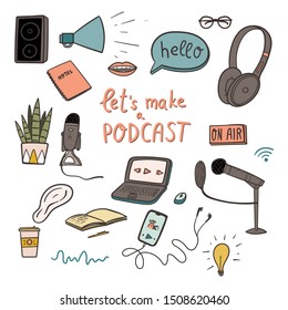 Podcast doodles set about making broadcasting show. Stock vector