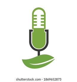 Podcast Drink leaf nature ecology vector logo design. Drink Podcast talk show logo with mic and leaves.