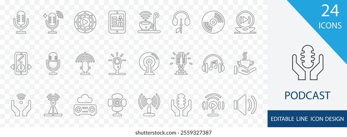 Podcast editable line icon set. containing microphone, radio, wireless, audio, mic,  recording, interview and more stroke icons 