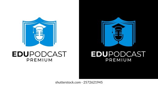 Podcast education logo design vector template. Podcast logo icon symbol with book, microphone, graduation hat illustration vector graphic. Microphone voice academy logo design.