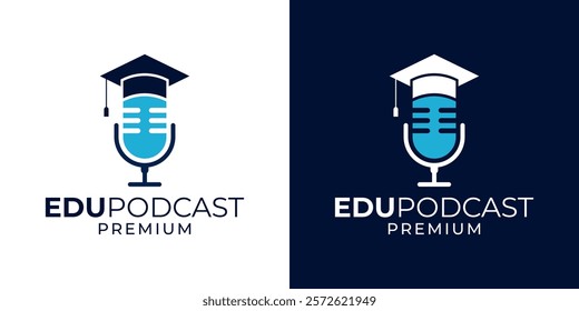 Podcast education logo design vector template. Podcast logo with microphone and graduation hat illustration vector graphic. Voice academy logo design. Education equipment.