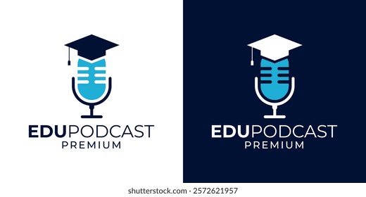 Podcast education logo design vector template. Podcast logo with microphone and graduation hat illustration vector graphic. Voice academy logo design. Education equipment.