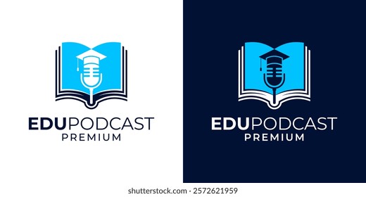 Podcast education logo design vector template. Podcast logo icon symbol with book, microphone, graduation hat illustration vector graphic. Microphone voice academy logo design.