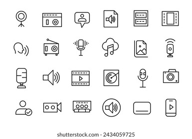 Podcast and education set of web icons in line style. Learning icons for web and mobile app. E-learning, video tutorial, knowledge, study, school