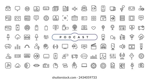 Podcast and education set of web icons in line style. Learning icons for web and mobile app. E-learning, video tutorial, knowledge, study, school