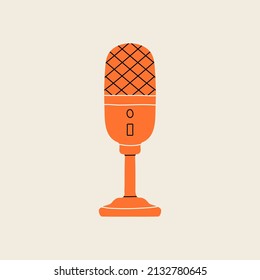 Podcast element in modern style flat, line style. Hand drawn vector illustration of microphone. Fashion patch, badge, emblem.