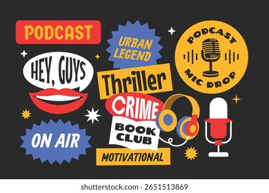 Podcast element stickers, patchs, badges. Headphones, microphones, chat, recording on black background.