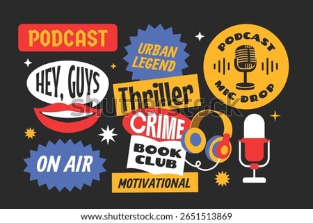 Podcast element stickers, patchs, badges. Headphones, microphones, chat, recording on black background.