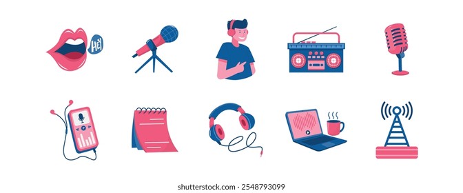 Podcast Elements and Broadcasting Icons Vector Set