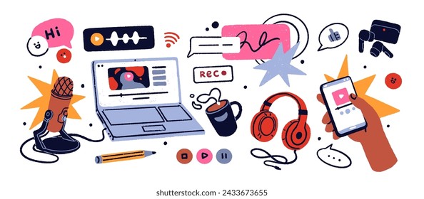 Podcast elements set. Microphone, mic, laptop, headphones, earphones and phone. Audio media equipment, stuff for sound, music records. Flat graphic vector illustration isolated on white background