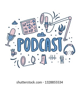 Podcast emblem with handwritten lettering and decoration. Text and podcasts symbols isolated on white background. Vector color illustration. 