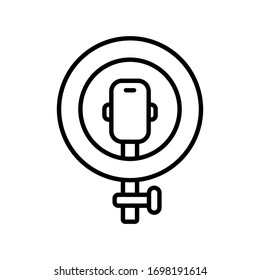 Podcast emblem. Led ring lamp with smartphone and part of stand. Line art icon. Black illustration of selfie or blogger. Contour isolated vector image on white background