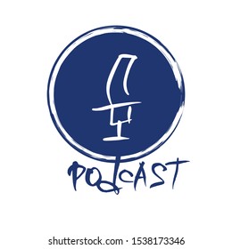 Podcast emblem. Text and logo. Studio microphone and lettering. Vector illustration. 