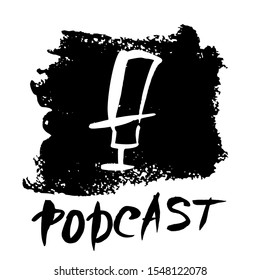 Podcast emblem. Text and logo. Studio microphone and lettering. Vector illustration. 