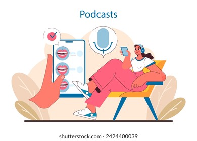 Podcast Enthusiast concept. Engaging in audio storytelling and knowledge sharing. Podcasts as a platform for learning and entertainment. Flat vector illustration.