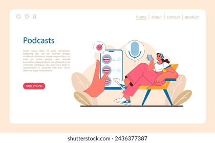 Podcast Enthusiast concept. Engaging in audio storytelling and knowledge sharing. Podcasts as a platform for learning and entertainment. Flat vector illustration.