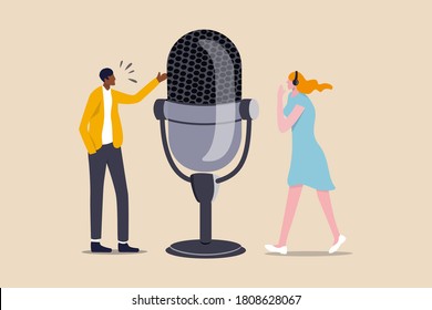 Podcast In Episodic Series Of Digital Audio Records Broadcast Or Streaming Via Internet For Easy Listeners, Professional Podcasters Man And Woman Talk With Big Podcast Microphone And Wearing Headphone