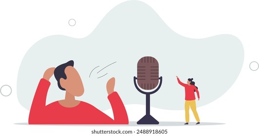 Podcast in episodic series of digital audio records broadcast or streaming via internet for easy listeners,flat design.illustration with people.