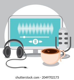 podcast equipment and coffee cup