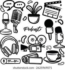Podcast equipment in doodle style illustration, Podcast Content Creation Drawing Hand Drawn Podcast Scribbles Doodles, Hand drawn podcast doodle set