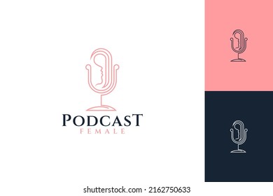 Podcast female logo, microphone combination with women head or face in linear design style