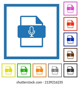 Podcast file type flat color icons in square frames on white background