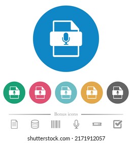 Podcast file type flat white icons on round color backgrounds. 6 bonus icons included.