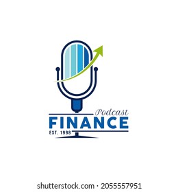 Logo de Podcast Finance. Economy invierte el logo de un podcast de negocios. Con un micrófono y un icono de gráficos financieros. Diseño premium y de lujo