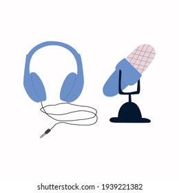 Podcast. Flat concept of podcasting vector, Internet digital recording, online broadcasting illustrated banner. Headphones and microphone promotion for radio record or studio. Creative dance music con